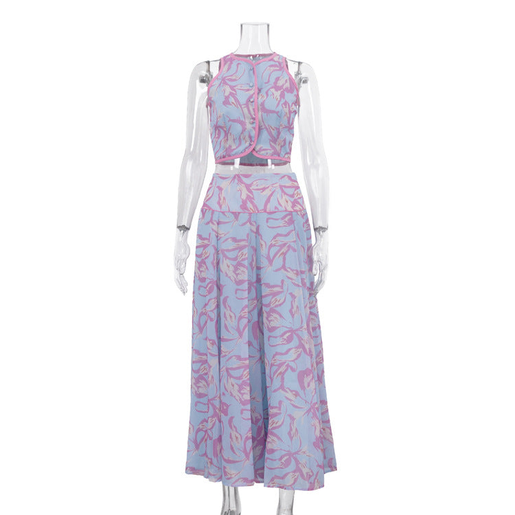 Summer Printed Skirt Set Women Arrival round Neck Sleeveless Cardigan Top Skirt Two Piece Set Commuting