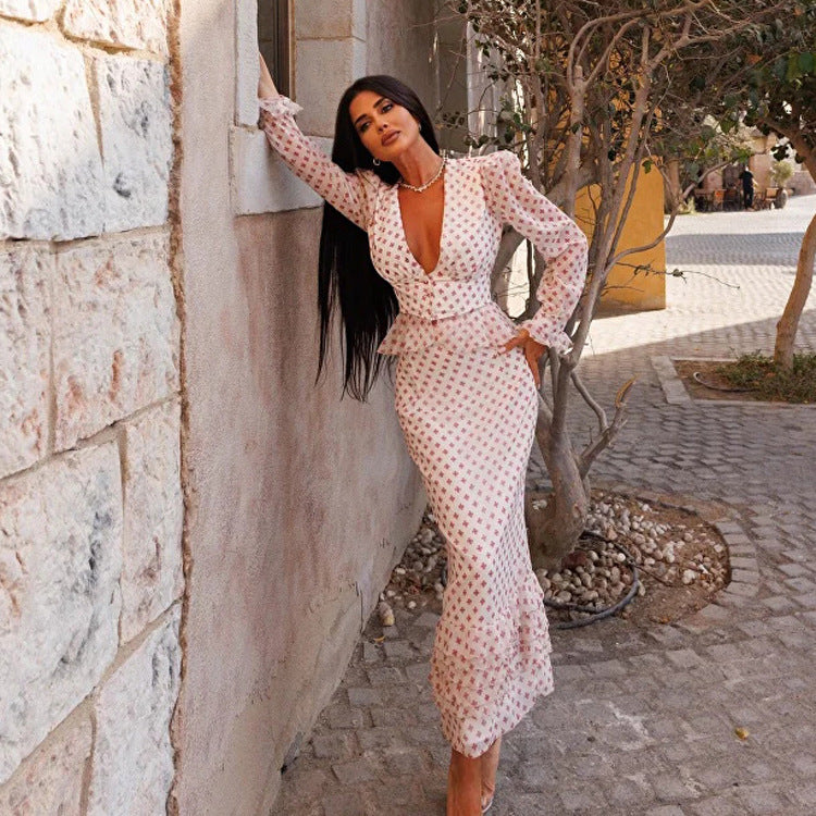 Women Clothing V neck Long Sleeve Waist-Controlled Top Printed Two Piece Skirt Set Bella Mia