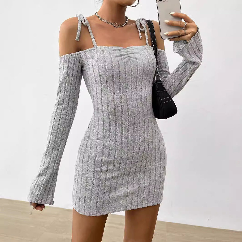 Women Clothing Adult Lady like Woman Lightly Mature Strap Sling Dress Autumn Winter Boat Collar Elegant Slim Fit Bella Mia