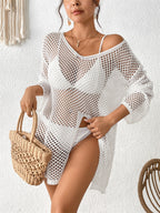 Women Clothing V neck Beach Cover up Hollow Out Cutout Side Slit Cool Long Sleeve Beach Dress Bella Mia