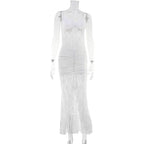 Women Solid Color Lace Sexy Backless Spaghetti Straps Dress Slit Trailing Maxi Dress Gown Bella Mia