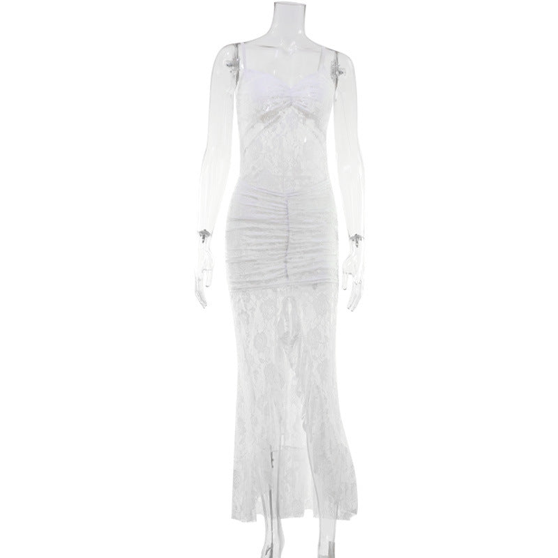Women Solid Color Lace Sexy Backless Spaghetti Straps Dress Slit Trailing Maxi Dress Gown Bella Mia