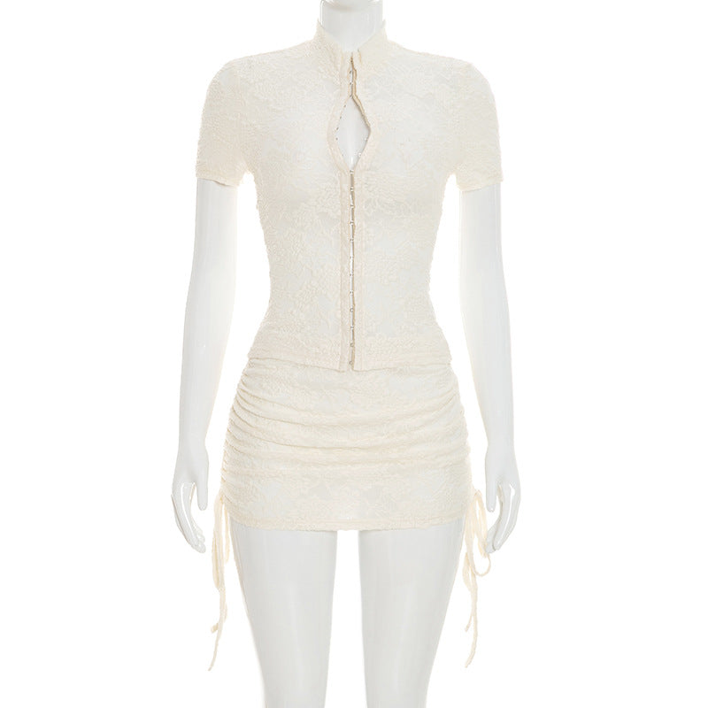 Women Clothing Summer Lace Turtleneck Hooks Pleated Tie Package Hip Short Sleeve Casual Two Piece Sets