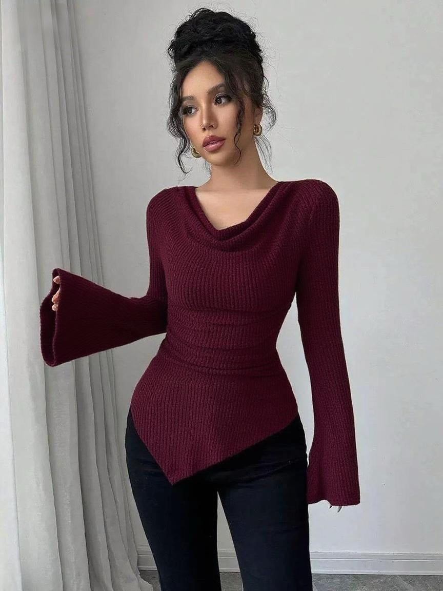Autumn Winter Women Clothing Ribbing Bottoming Sweater off the Shoulder Slim Knitted Long Sleeved Top Office Bella Mia