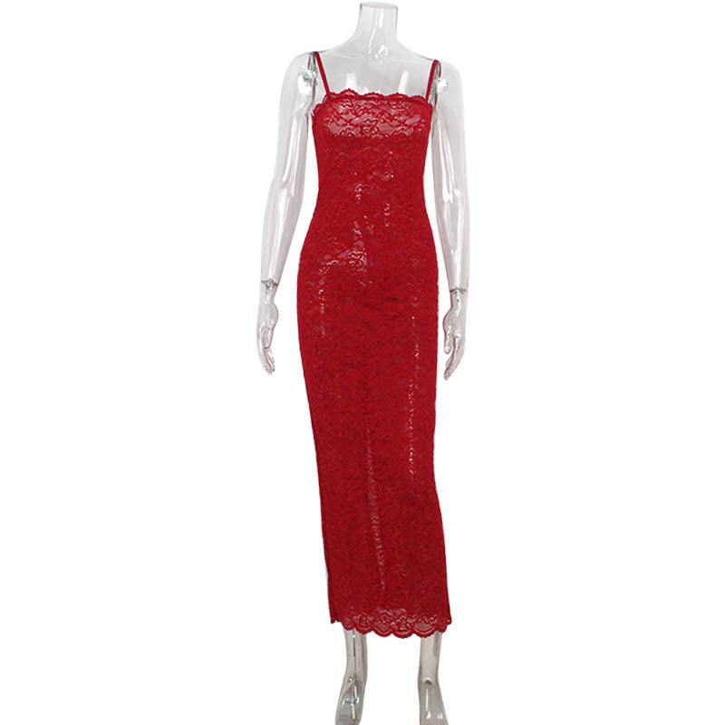 Women Clothing French High Grade Red Lace Tube Tops Strap Dress Slim Fit Sheath Dress Bella Mia