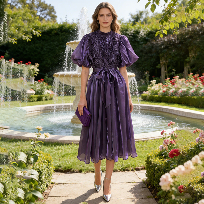 Elegant Retro Maxi Dress Spring Waist Tight Slimming Lace up Lantern Sleeve round Neck High Waist Dress Bella Mia