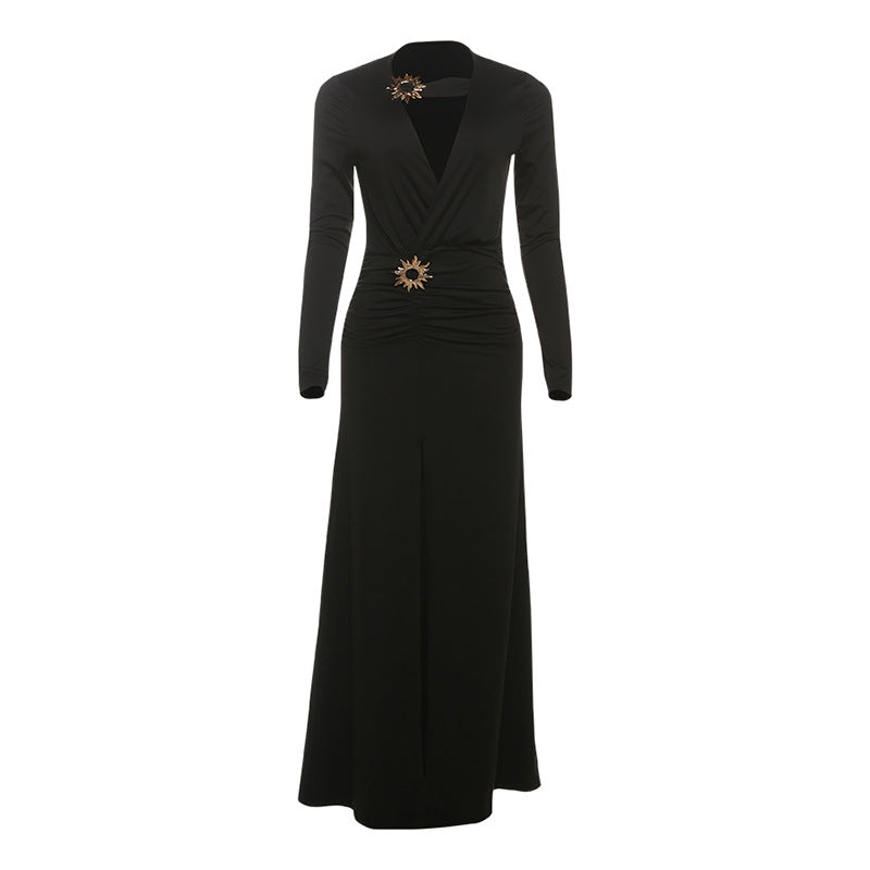 Fall Women Clothing Sexy Deep V Plunge neck Split Dress Solid Color Dress Women Bella Mia