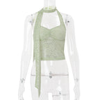 Women Clothing Summer Sexy Lace See through Decorative Ribbon Short Halterneck Vest Top Bella Mia