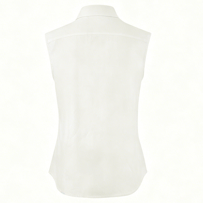French Casual Cotton Linen Sleeveless Shirt Women Summer Collared Double Pocket Loose Shirt Vacation Top