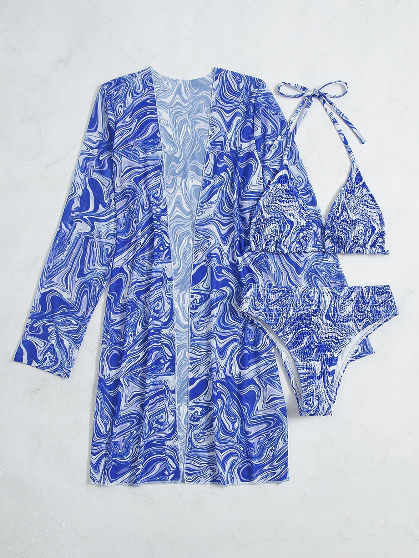 Three Piece Swimsuit Swimsuit Blue White Porcelain Color Series Large Coat Bikini Women Bella Mia