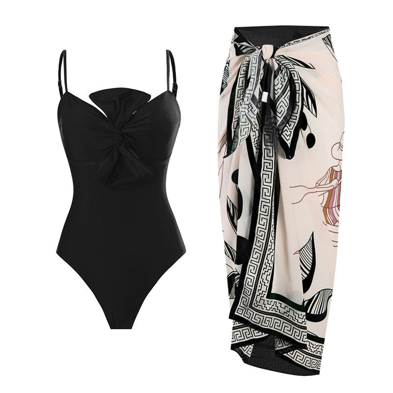 Bow Solid Color One Piece Women Swimwear Suit French Retro Cover Belly Slimming Swimsuit Bella Mia