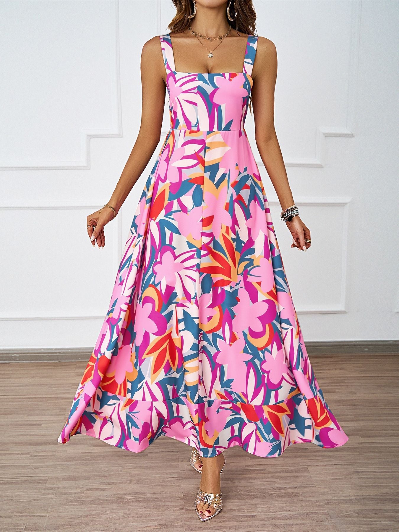 Women Clothing Summer Casual Strap Elegant A line Dress Floral Printed Dress