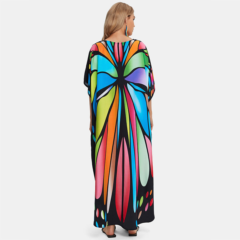 Rayon Printed Loose plus Size Robe Beach Cover up Vacation Maxi Dress Sun Protection Shirt Women Bella Mia