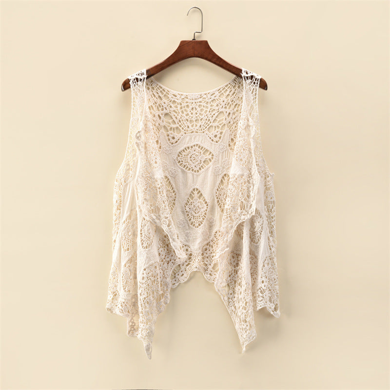 Women Summer Coat Thin Coat Sleeveless Lace Cardigan All Match Shawl Beachwear Sun Protection Clothing Women Hollow Out Cutout Shirt Bella Mia