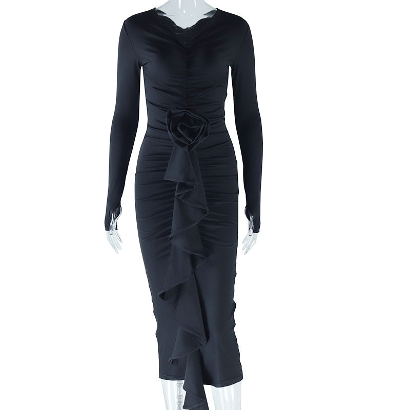 V neck Tight Dress Long Sleeve Mid Length Irregular Asymmetric Hip Wrapped Dress Three Dimensional Ornamental Floral Pullover Bella Mia