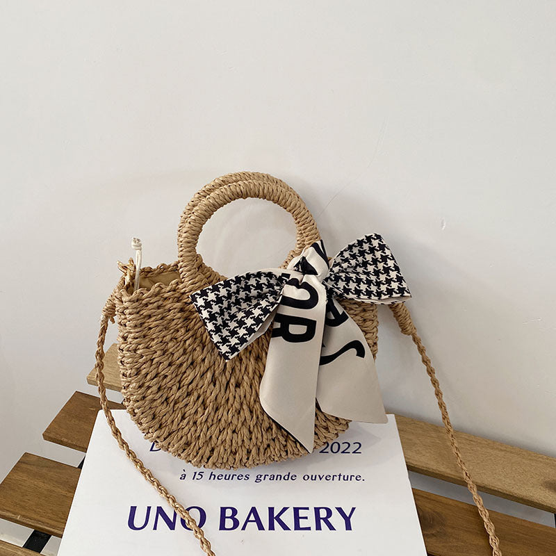 Cute Crossbody Straw Bag Plaid Scarf Portable Straw Bag Woven Bag Vacation Beach Bag Mori Women Bag Bella Mia