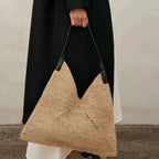 Shoulder Large Capacity Straw Bag Raffia Hollow Out Cutout Woven Bag Vacation Beach Bag Big Triangle Women Bag Bella Mia
