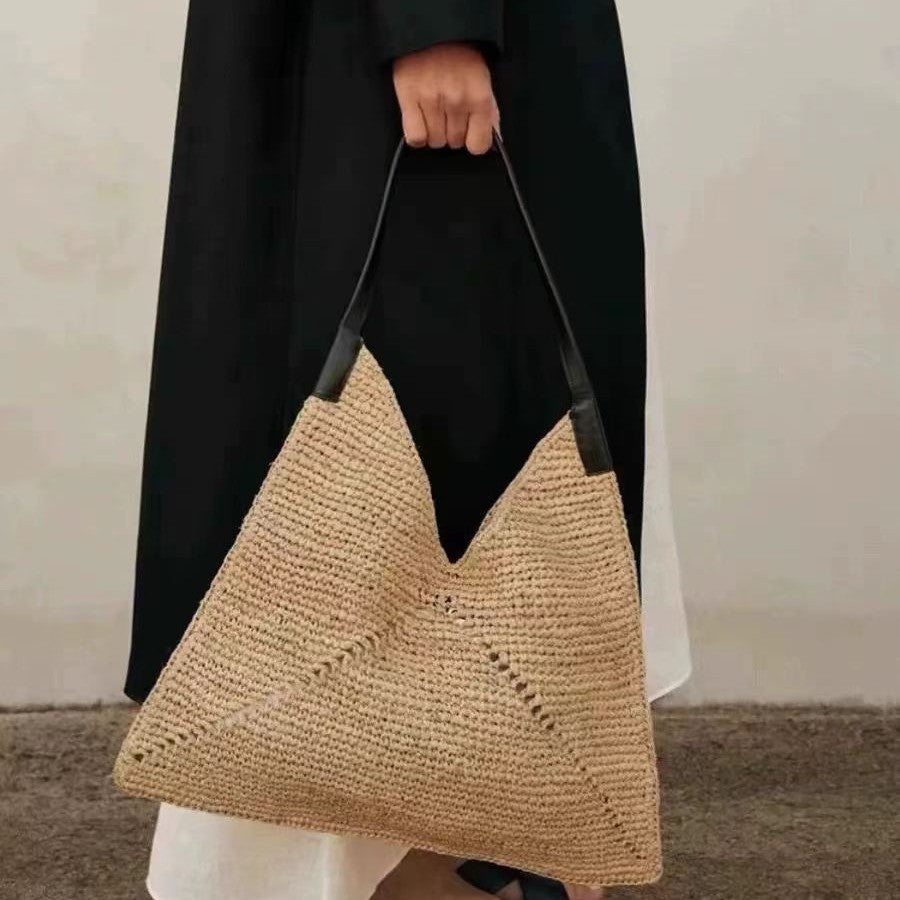 Shoulder Large Capacity Straw Bag Raffia Hollow Out Cutout Woven Bag Vacation Beach Bag Big Triangle Women Bag Bella Mia