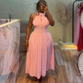 Women Clothing Summer Elegant Halter Sleeveless Waist Slimming Pink Mid Length Dress Bella Mia
