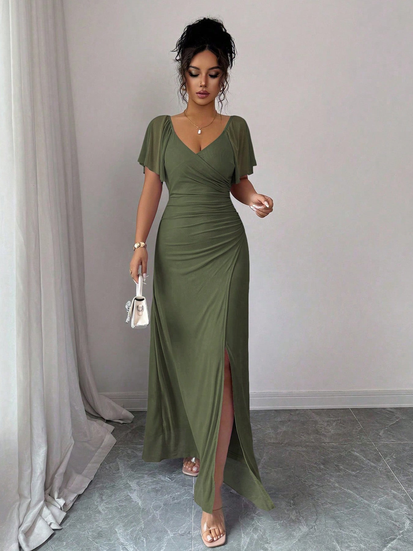 Women Elastic Net V Neck Patchwork Flying Sleeves Slit Evening Dress