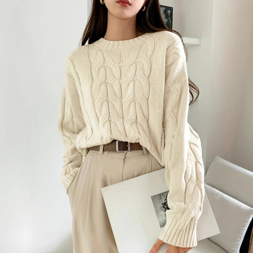 Autumn Winter Women Cable Knit Pullover Sweater Loose round Neck Solid Color All Matching Trendy Knitwear Top Bella Mia