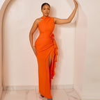 Solid Color Women Clothing Elegant Slim Fold Split off the Shoulder Asymmetric Sleeveless Turtleneck Dress Bella Mia