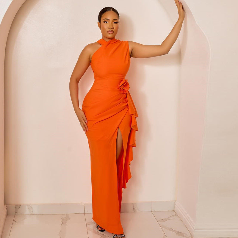 Solid Color Women Clothing Elegant Slim Fold Split off the Shoulder Asymmetric Sleeveless Turtleneck Dress Bella Mia