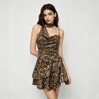 Leopard Print Halter Dress Backless Waist Trimming Ruffled Sexy Small Slim Dress Bella Mia