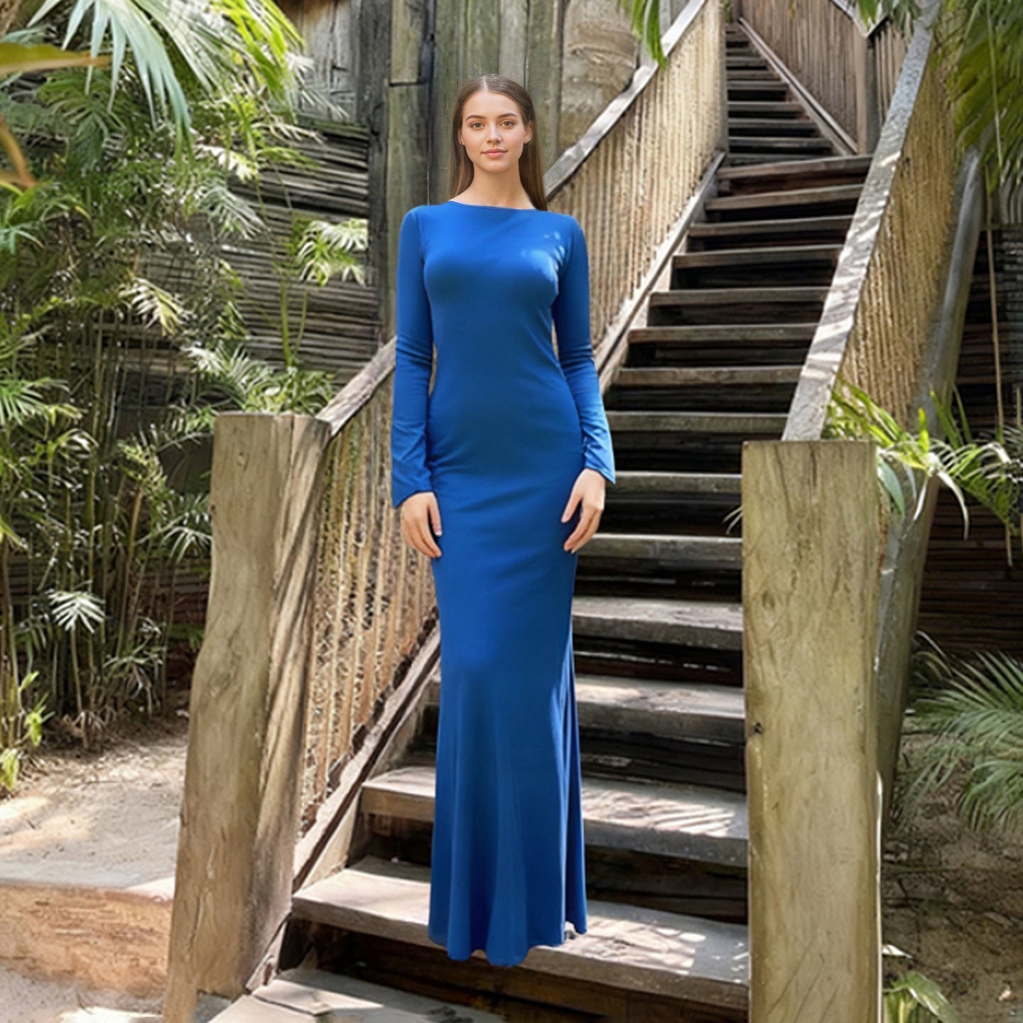 Lace up Stitched Backless Sexy Long Sleeved Dress Women Vacation Elegant Pure Maxi Dress Bella Mia