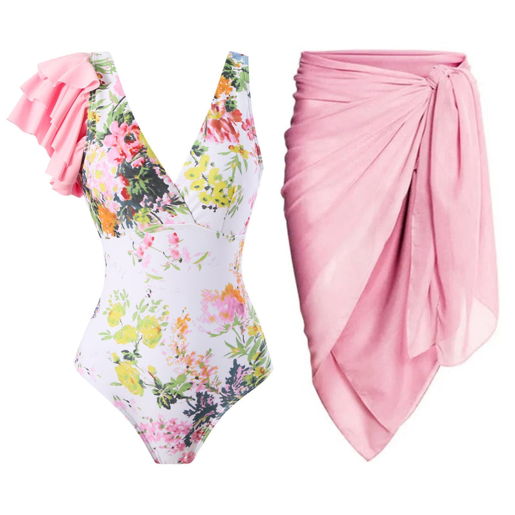 Ruffled One Piece Swimsuit Women Retro Swimsuit Bikini Mesh Beach Skirt Set Bella Mia