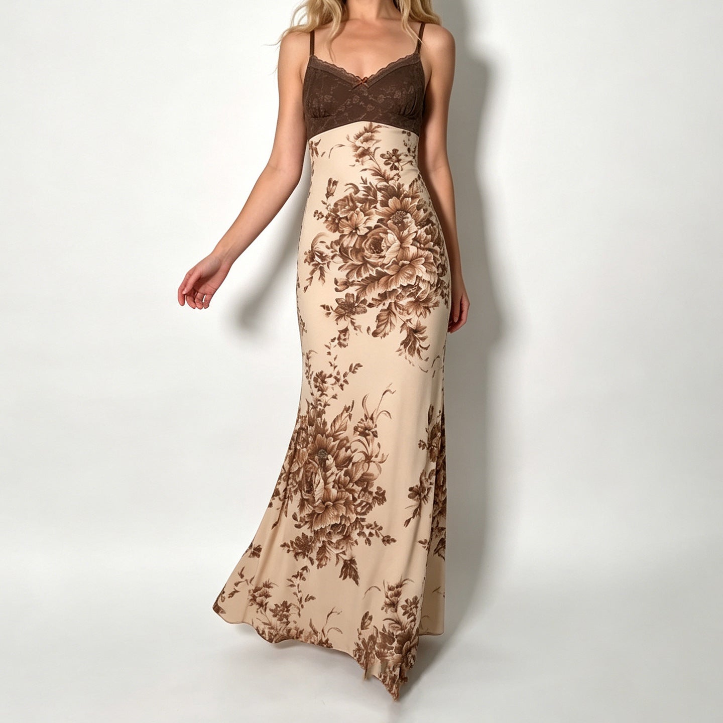 Sexy Retro Lace Stitching Chest Strap Dress French Elegant Romantic Floral Dress