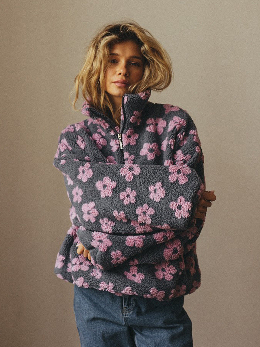Women Polar Fleece Floral Autumn Winter Sweater Warm Furry Fleece Pullover Bella Mia