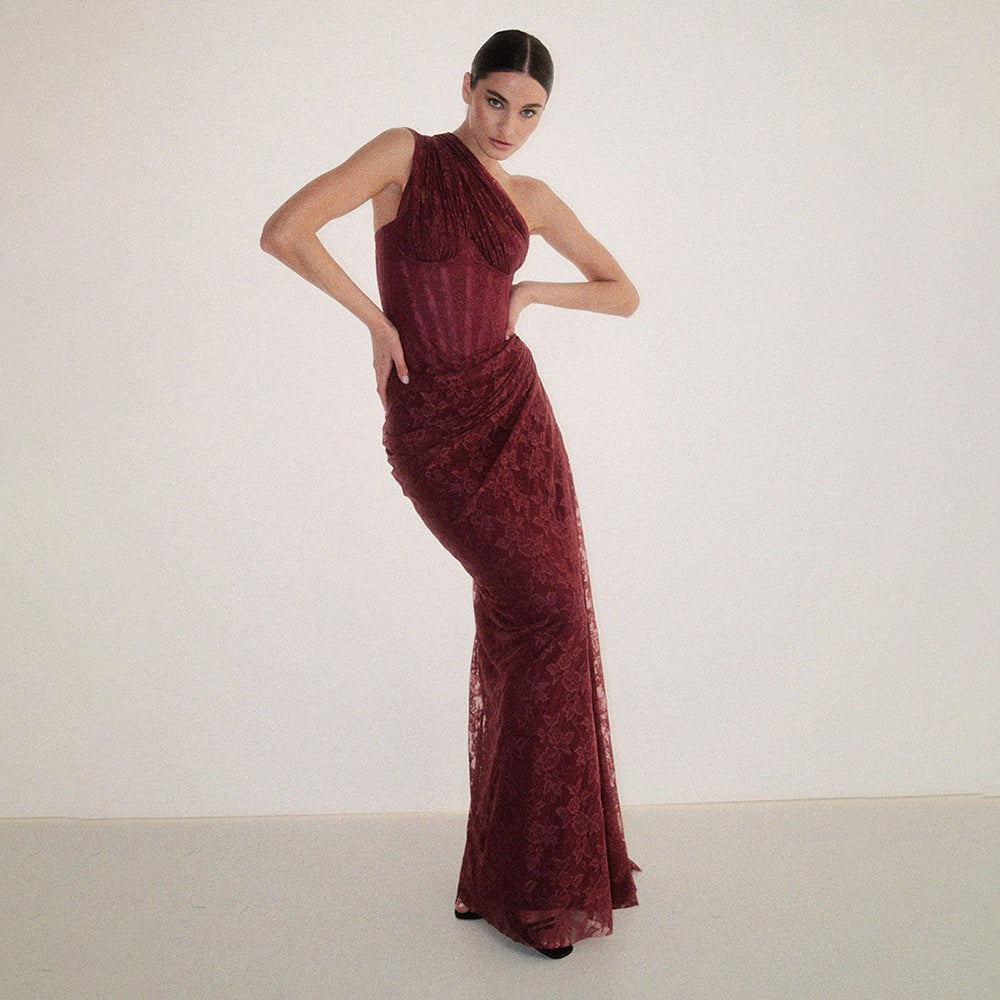 Women Sexy Deep V Plunge Neck Backless Hip Hugging Burgundy Dress Lace Pleated Fishtail Dress