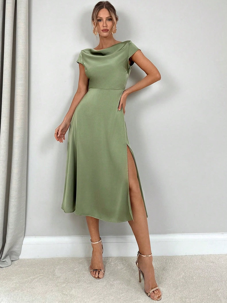 Women Clothing High Grade Summer Split Artificial Silk Dress Satin Long Dress Bella Mia