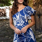 One Shoulder Bubble Sleeve Printed One Piece Swimsuit Women Bella Mia