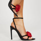 High Heel Sandals Women Heels Black Color 11cm Stiletto Heel Pointed Toe Satin Surface Rhinestone Floral Bella Mia