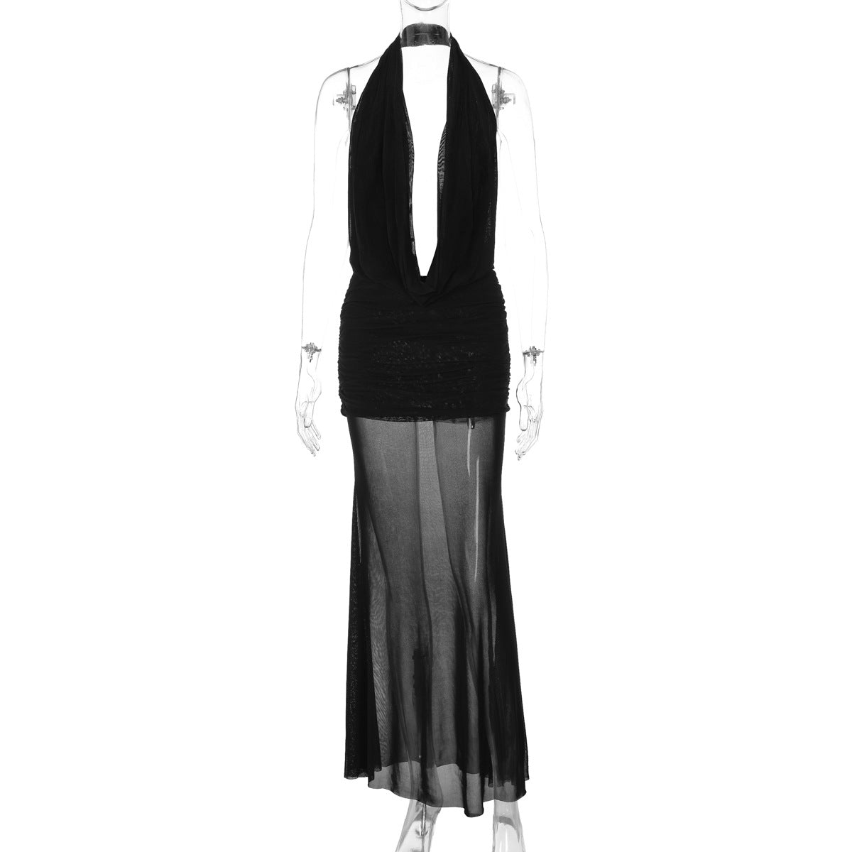 Hollowed out Backless Halter Deep V Plunge Hip Matching Mesh Dress Two Piece Set Bella Mia
