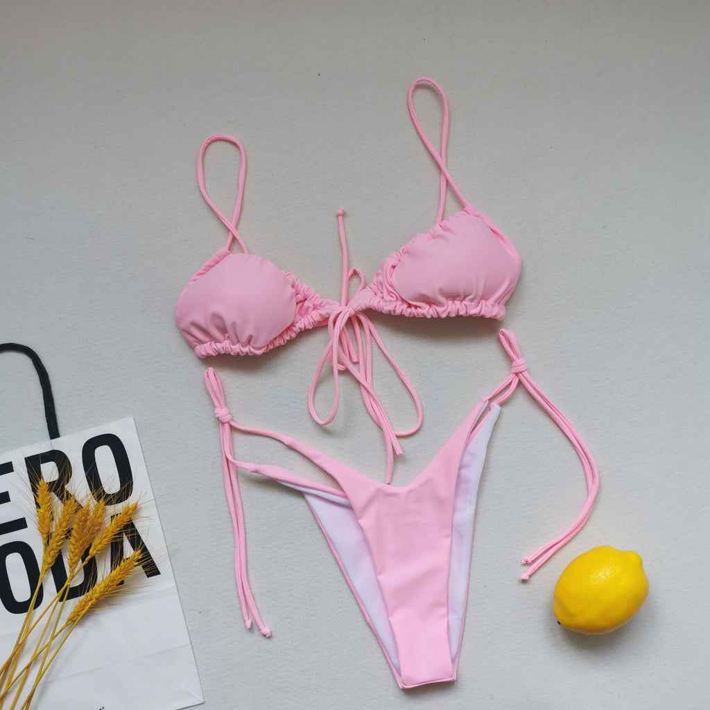 Sling Bandage Swimsuit Women Pleated Push up Drawstring Sexy Solid Color Bikini Swimsuit Bella Mia