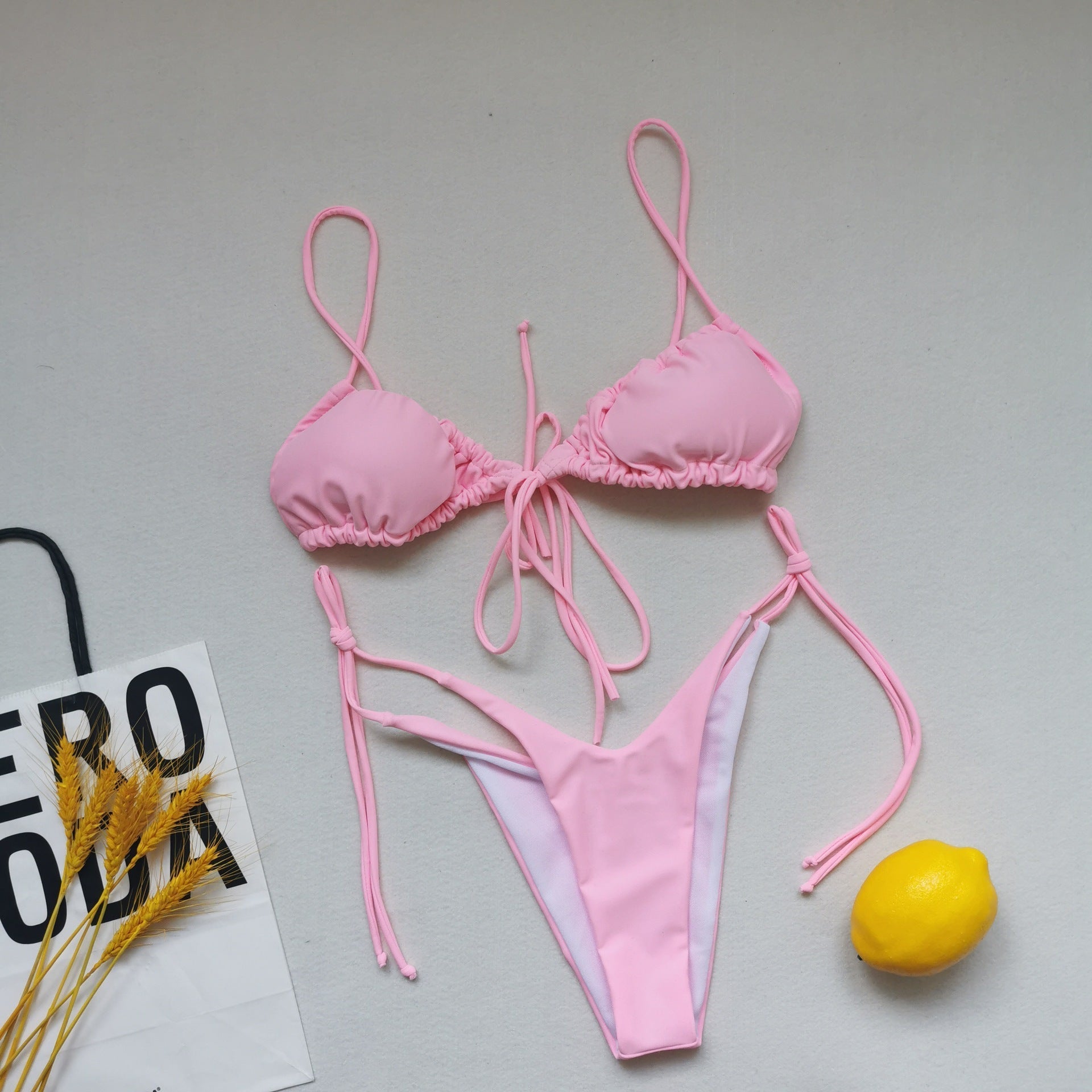 Sling Bandage Swimsuit Women Pleated Push up Drawstring Sexy Solid Color Bikini Swimsuit Bella Mia