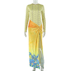 Stitching Women Printed Slim Fit Pleated Hip round Neck Long Sleeve Split Dress Bella Mia
