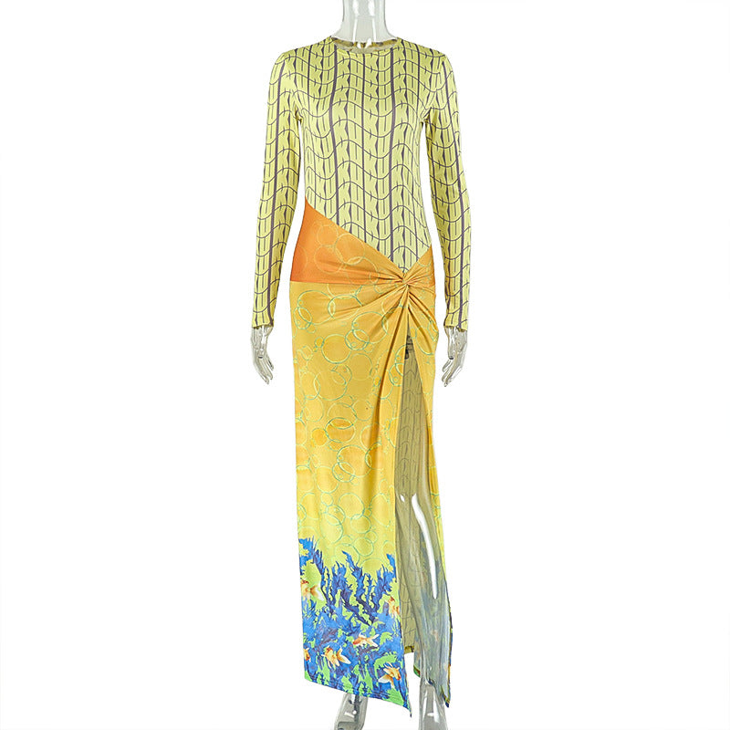 Stitching Women Printed Slim Fit Pleated Hip round Neck Long Sleeve Split Dress Bella Mia
