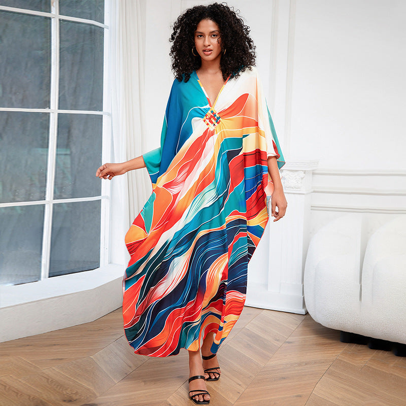 Positioning Print Holiday Loose plus Size Robe Beach Cover up Dress Bikini Cover-up Women's Clothing Bella Mia