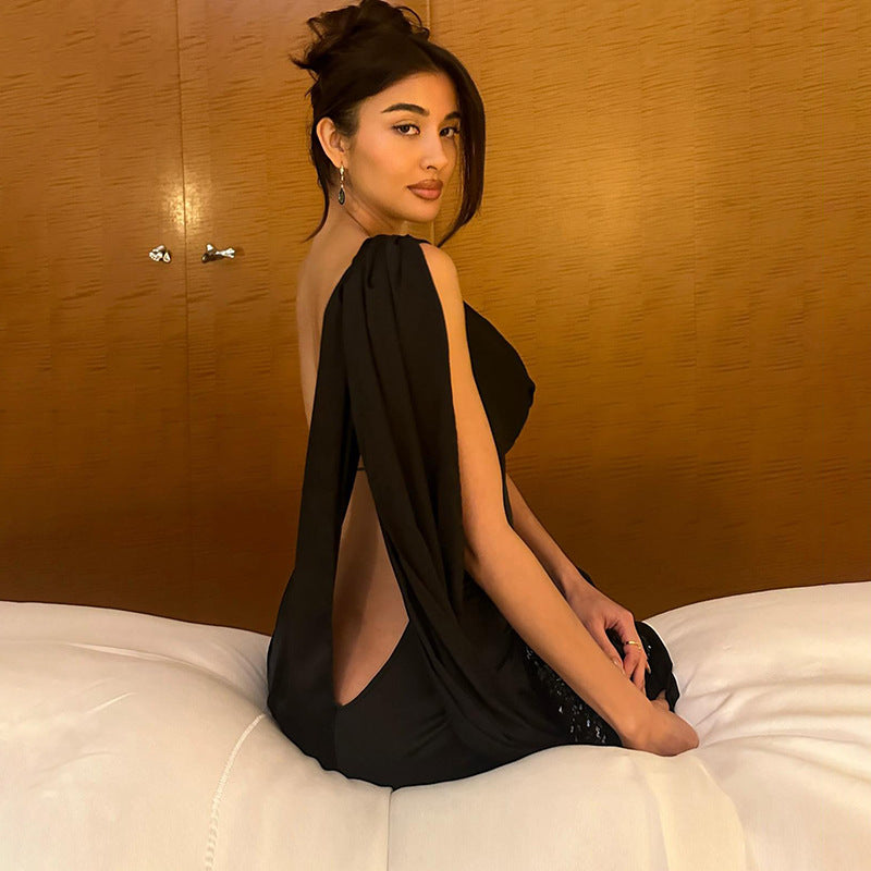 Women Clothing Autumn Winter Elegant Sexy Backless Evening Dress Pile Collar Solid Color Dress Women Bella Mia
