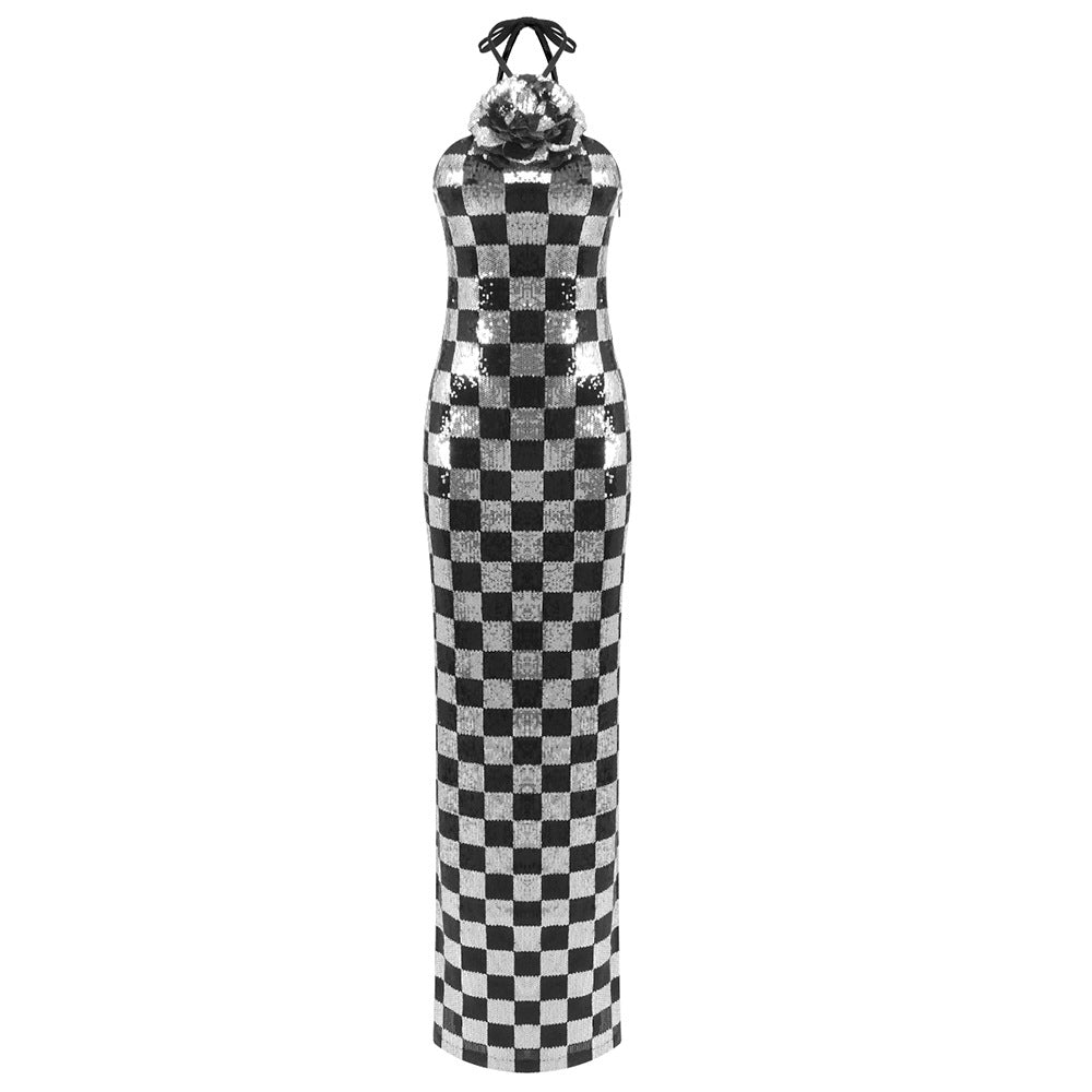 Spring Maxi Dress Women Black White Plaid Sequin Stitching Dress Halter Floral Dress Bella Mia