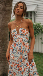 Women V neck Brace Maxi Dress Elegant Shoulder Baring Sleeveless Sling Bella Mia