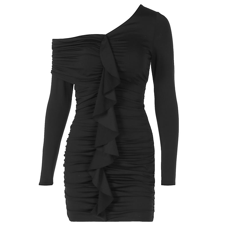 Arrival Solid Color Pleated Diagonal Collar Slim Sheath Elegant Short Dress Bella Mia