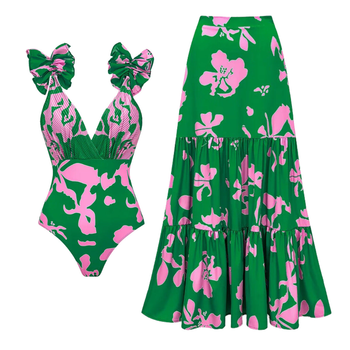 V neck Pleated Print Vacation Swimsuit Women Set Bella Mia