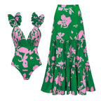 V neck Pleated Print Vacation Swimsuit Women Set Bella Mia