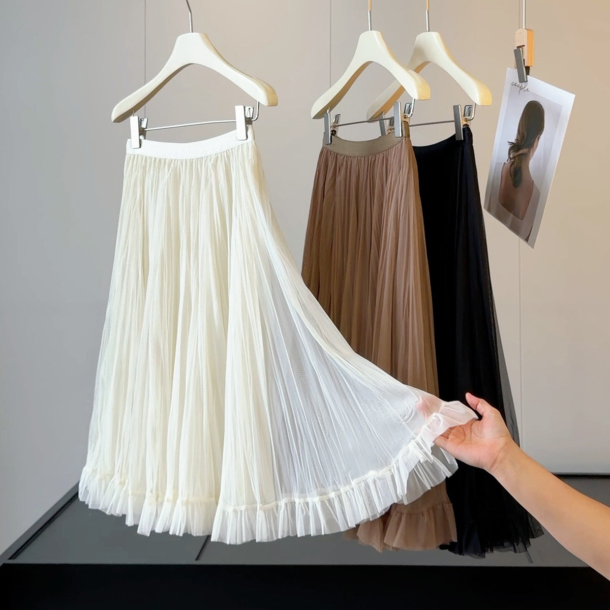 French Pleated Mesh Skirt Women Summer Wide Hem Loose High Waist Slimming Mid Length Yarn Skirt