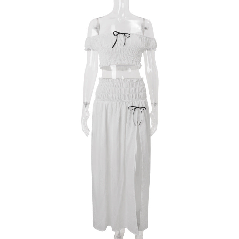 Women Clothing Summer Sexy Vacation off Neck Pleated Top Split Skirt Set Bella Mia